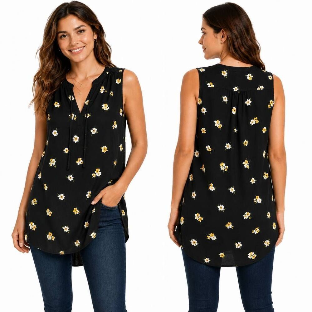 Old Navy Sleeveless Floral Tunic Top Womens S Black